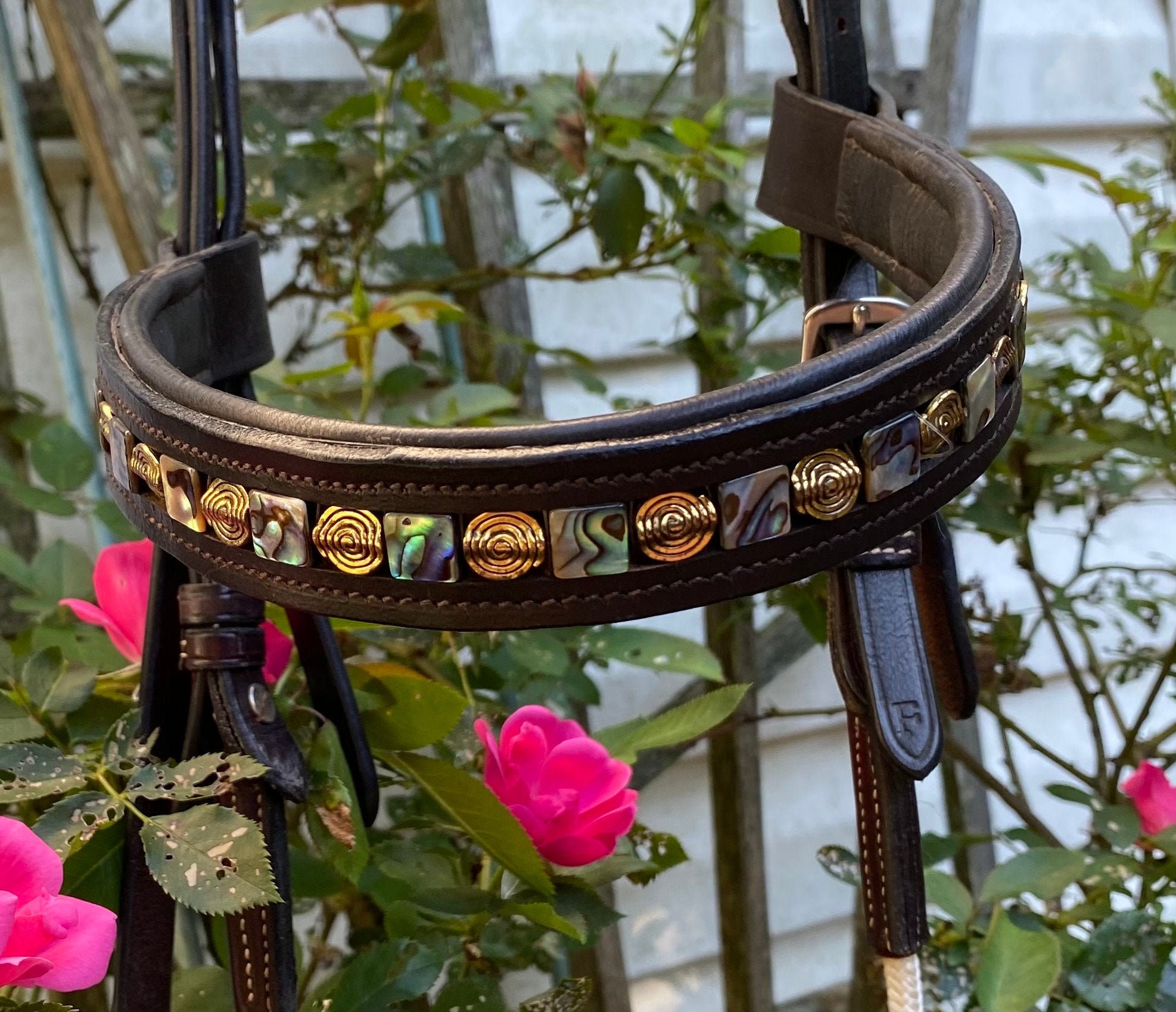Beaded Horse Browband with Abalone Shell & Gold Swirl