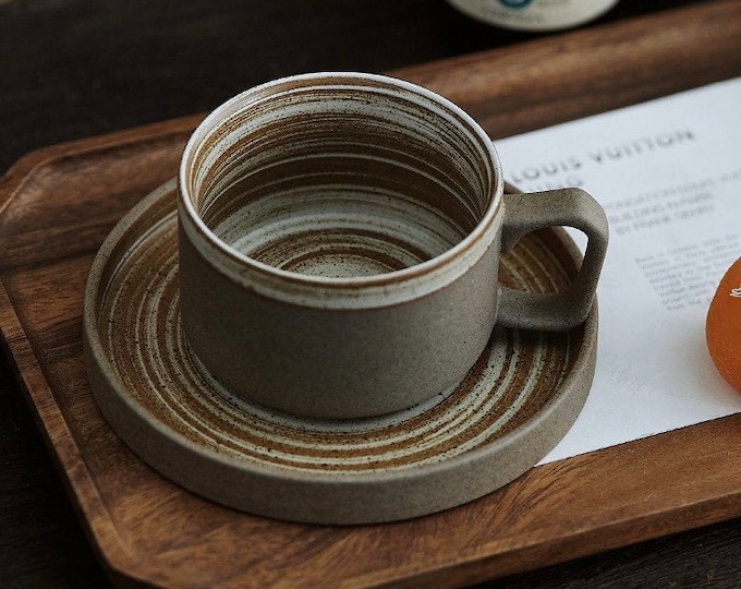 Japanese Ceramic Mug With Saucer Handmade Ceramic Mug Brown Etsy