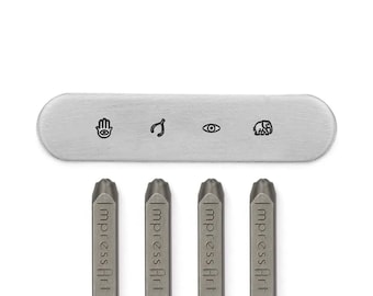 May include: Four metal stamping tools with the word "ImpressArt" engraved on each. The tools are used to create impressions on metal. A metal bar with four different designs is also shown: a hamsa hand, a horseshoe, an eye, and an elephant.