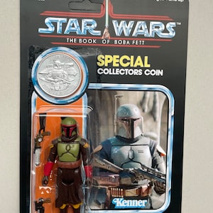 Stunning Vintage Power of the Force  Custom Designed Boba Fett Card Complete with Retro  Kenner figure & Silver  Fett New coin. Book of Fett