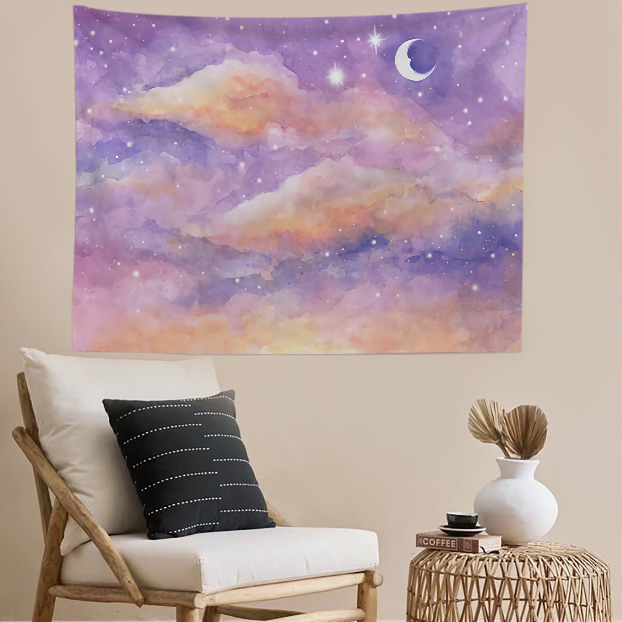 Peaceful Night Sky With Moon Stars Blue Tapestry Wall Hanging Art Home Decor Sets 150x220 Cm 【高い素材】