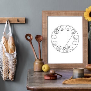 May include: A framed black and white line drawing of a clock face with 12 sections, each containing a small circle. The clock face is divided in half by a line, with a small circle at the end of each line. The clock face is surrounded by a wooden frame.