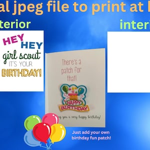 Cartão de feliz aniversário para impressão GS Girl Scout Arquivo digital png jpeg Adicione seu próprio patch divertido!