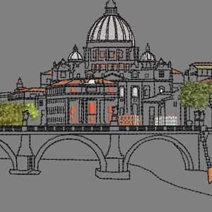 Puede incluir: Un dibujo en blanco y negro de una ciudad con un gran edificio con cúpula en el centro. La ciudad está representada en un puente con tres arcos. Una mujer con un vestido marrón con detalles naranjas se encuentra a la derecha del puente.