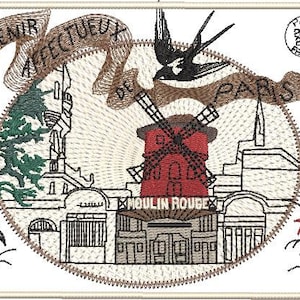 conception broderie machine carte postale Paris moulin rouge