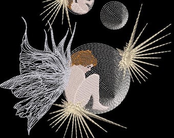 May include: An embroidered design on a black background features a seated figure with a wing, surrounded by stylized sunbursts and spiral orbs. The figure has brown hair and is in a seated position. The wing is white and detailed.