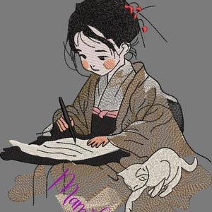 Pode incluir: Uma imagem bordada de uma menina em um quimono japonês tradicional, sentada e escrevendo com um pincel. Um gato branco está enroscado ao lado dela.