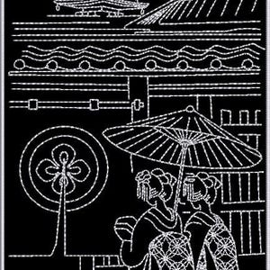 Peut inclure: Un motif de broderie en art linéaire noir et blanc représentant deux silhouettes en vêtements traditionnels sous un grand parapluie. La scène comprend une pagode à plusieurs niveaux, un emblème circulaire et des détails de toit architecturaux.