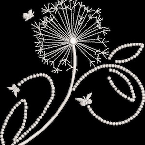 Peut inclure: Broderie blanche représentant un pissenlit avec une tige et des feuilles, avec trois papillons s'envolant du pissenlit.