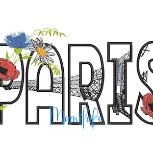 conception broderie machine paris avec tour Eiffel et fleurs style carte postale