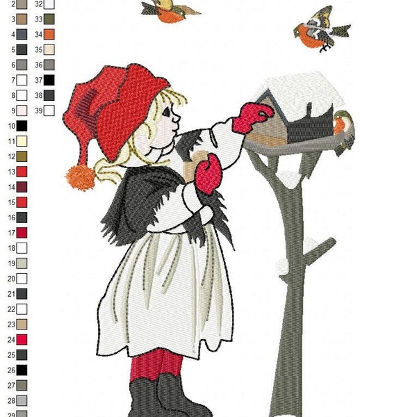 petite fille aux oiseaux conception broderie machine embroidery en téléchargement