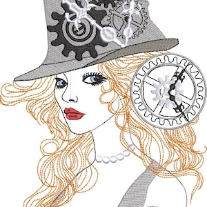 May include: A woman with long blonde hair wearing a gray top hat with gears and a clock face. The hat is decorated with black and white gears. The woman is wearing a pearl necklace and a gray dress.