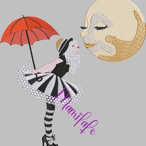 May include: A black and white striped skirt with a white ruffle and a black bow. The skirt is being worn by a doll with a black and white striped stocking and a red umbrella. The doll is looking up at a yellow moon with a face.
