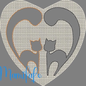 May include: Two black cat silhouettes inside a heart shape, with the tails forming the heart shape. The cats are facing each other, with one cat on the left and the other on the right. The background is a white and gray pattern.