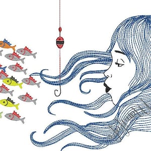 May include: A blue line drawing of a woman with long flowing hair, looking to the right. A fishing line with a red and black bobber hangs down from the top of the image. A school of colorful fish swim to the left of the woman.