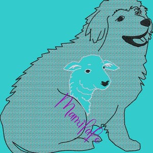 May include: A blue and white cartoon illustration of a large dog with a smaller sheep nestled inside its body. The dog is sitting with its legs bent and its tail curled. The sheep is looking out from the dog's side.