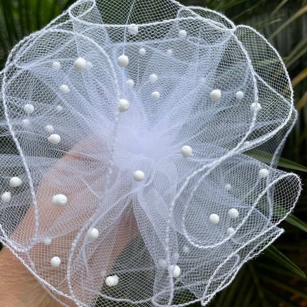Tulle bow with white beads hair clip, off white bow hair clip, tulle bow headband, large white bow clip, big tulle bow headband, wedding bow