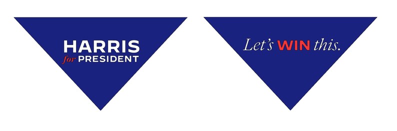 Puede incluir: Dos letreros azules en forma de tri&aacute;ngulo con texto blanco. El letrero de la izquierda dice "HARRIS for PRESIDENT" en blanco con "for" en rojo. El letrero de la derecha dice "Let's WIN this." en blanco con "WIN" en rojo.