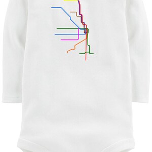 May include: White long-sleeve baby onesie with a graphic of the Chicago 'L' train map in various colors.