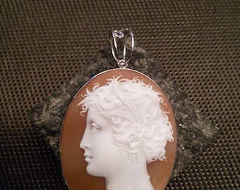 May include: A cameo pendant featuring a white carved profile of a woman with curly hair, set in a brown shell oval. The pendant is attached to a silver bail.
