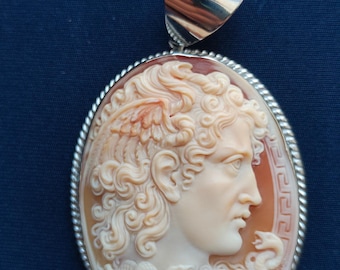 May include: Oval pendant with a carved cameo depicting a classical figure in profile, set in a silver-coloured frame. The cameo features a detailed relief carving in shades of peach and cream, with a silver bail for hanging.