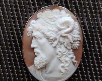 May include: Oval pendant with a carved cameo depicting a classical figure with detailed hair and beard. The cameo is set in a silver-coloured metal frame with a loop for a chain. The background is a brown and tan colour.