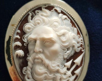 May include: Oval pendant featuring a carved cameo of a bearded man with flowing hair and a detailed face. The cameo is set in a silver-coloured metal frame. The background is a dark brown colour.