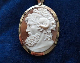 May include: A cameo pendant featuring a detailed carving of a man's profile with a beard and a ram's horn. The cameo is set in a gold-toned oval frame.
