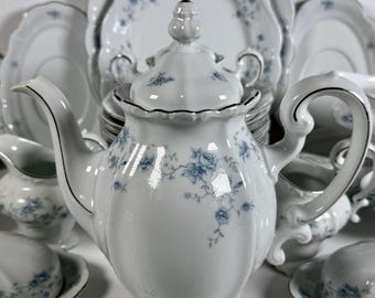 Vind zeldzame en moeilijk te vinden stukken – Vintage Johann Haviland Bavaria Blauwe Garland Porselein met zilveren rand