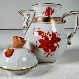 Vintage Herend Apponyi Orange AOG 625 Mini Coffee Pot, 5 Inch Hand Painted Porcelain, Rose Finial, Gold Trim, Hungary