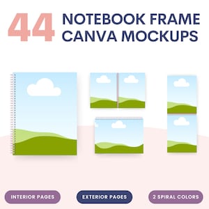 Puede incluir: 44 Mockups de marco de cuaderno Canva. Un conjunto de maquetas digitales que presentan un cuaderno con un cielo azul, nubes blancas y colinas verdes. El cuaderno tiene una encuadernación en espiral con dos colores diferentes. Las maquetas son perfectas para mostrar tus diseños.