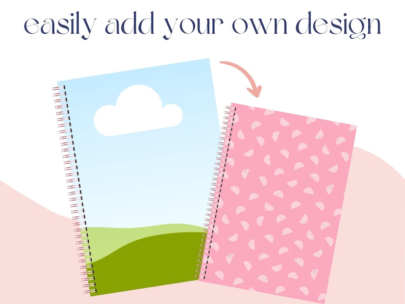 Op de afbeelding: Twee spiraalgebonden notitieboekjes, een met een ontwerp van een blauwe lucht en groen gras, de andere met een roze achtergrond en een patroon van witte halve cirkels. De tekst "easily add your own design" staat bovenaan de afbeelding.
