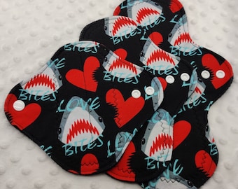 Ready to ship Love Bites shark week cloth menstrual pad, panty liner washable cloth pad available in 6/8/10/12/14/16 inch average and heavy