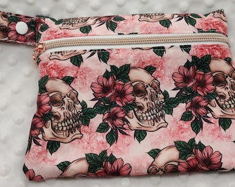 Rosegold Skulls wetbag mini or large cotton with PUL liner cloth pad storage,period bag, cosmetics bag