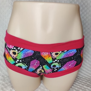 Coffin kitty custom made to order comfort undies, elastic free panties, period panty option. Hot pink bands on waste and legs.
