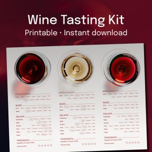 Op de afbeelding: Een afdrukbare wijnproefkit met drie wijnglazen, elk met een andere kleur wijn. De kit bevat secties voor uiterlijk, neus, smaak en gedachten. De tekst "Wine Tasting Kit" en "Printable • Instant download" staat bovenaan.