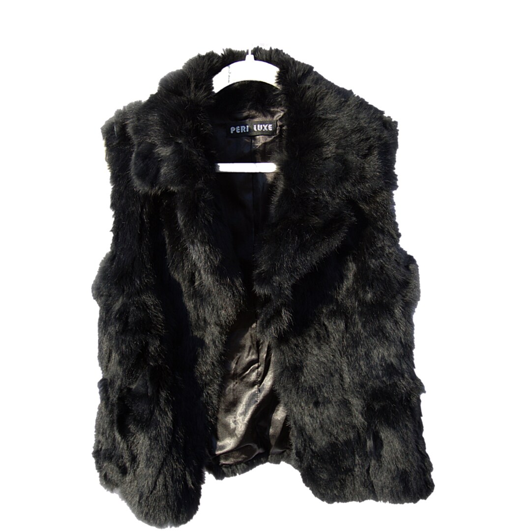 Peri Luxe Real Rabbit Fur Vest V Neck Collared Black Size S Etsy