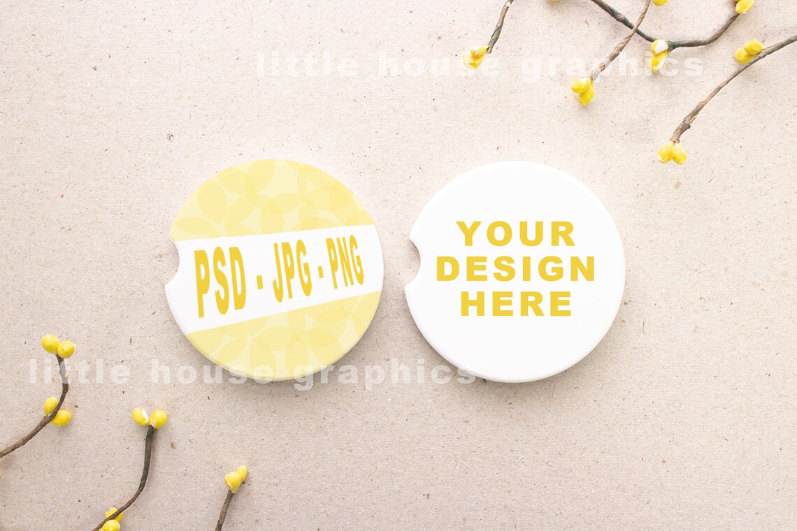 Download Sandstone Car Coasters Mockup Set of 2 Coasters with Yellow | Etsy