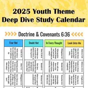 Könnte beinhalten: Ein farbenfrohes Diagramm mit dem Titel "2025 Youth Theme Deep Dive Study Calendar" und dem Text "Doctrine & Covenants 6:36". Das Diagramm ist in vier Abschnitte unterteilt: Fear Not, Doubt Not, In Every Thought und Look Unto Me. Jeder Abschnitt enthält eine Bibelstelle und eine Frage zum Nachdenken.