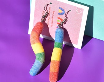 Rainbow Sour Gummy Worm Earrings
