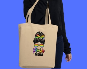 Pride mom canvas tote, Pride messy bun mom tote bag, Pride month tote bag, Pride mom birthday gift, pride gift for mother-in-law