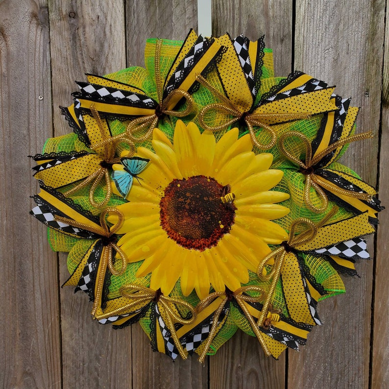 Sunflower pancake wreath, slim sunflower wreath, country sunflower, barndominium decor, for mother-in-law, for gardener best birthday gift image 1