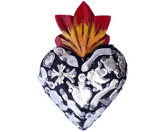 SACRED HEART with MILAGROS small, wooden with metal votive offering - Mexican