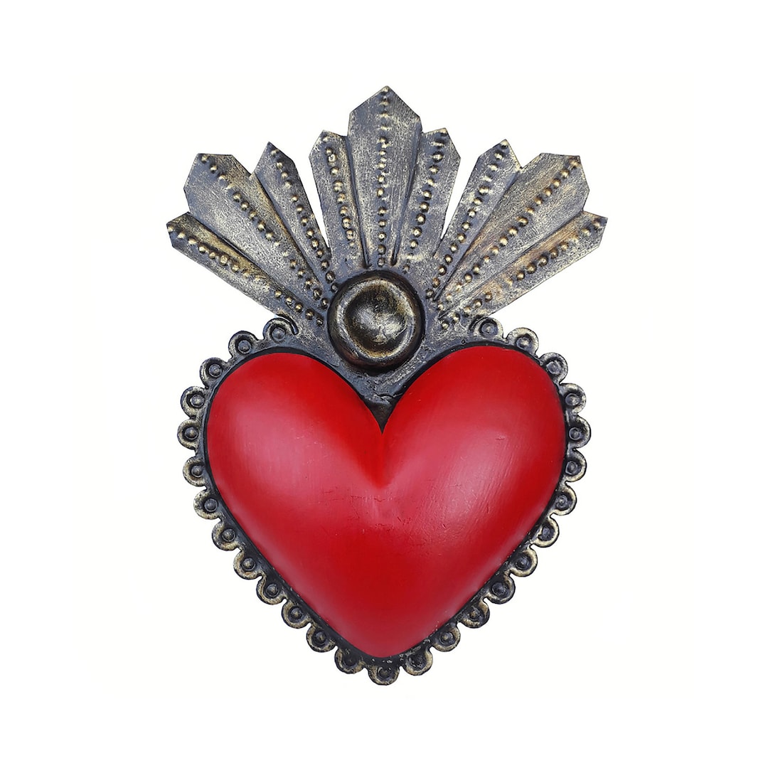 2 Cuori Messicani In Metallo Artigianali - Sacro Cuore Handmade 15x8.5cm Da Appendere - Foto 3