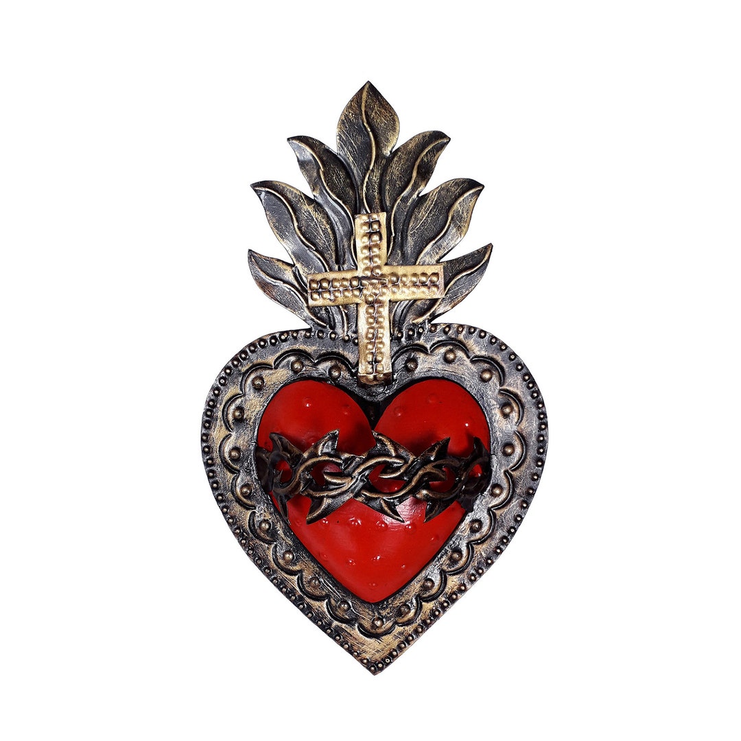 Sacred Heart With Cross and Crown of Thorns, Mexican Craftsmanship ...