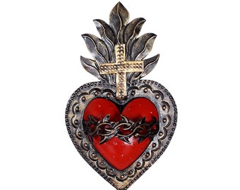 Sacred Heart with Cross and Crown of Thorns, Mexican Craftsmanship, Metal (Tin), Hanging, 25 x 14 cm