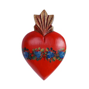 Geblümtes Heiliges Herz, handdekoriert, mexikanisches Kunsthandwerk, aus Holz, zum Aufhängen, 16,7 x 11 cm