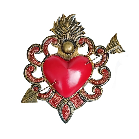 Cuore Sacro Cupido, Artigianato Messicano, 100% Fatto a Mano, da Parete, 26 x 20 cm