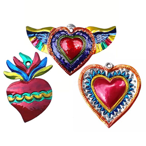 Cuore Color 5, artigianato messicano, da appendere, 14,6 x 11,2 cm