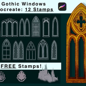 Puede incluir: Una ilustración digital de 12 sellos de ventanas góticas para Procreate, con varios diseños con detalles intrincados. La imagen también incluye 3 sellos gratuitos: un escudo de Hogwarts, un escudo de Gryffindor y una silueta del castillo de Hogwarts.